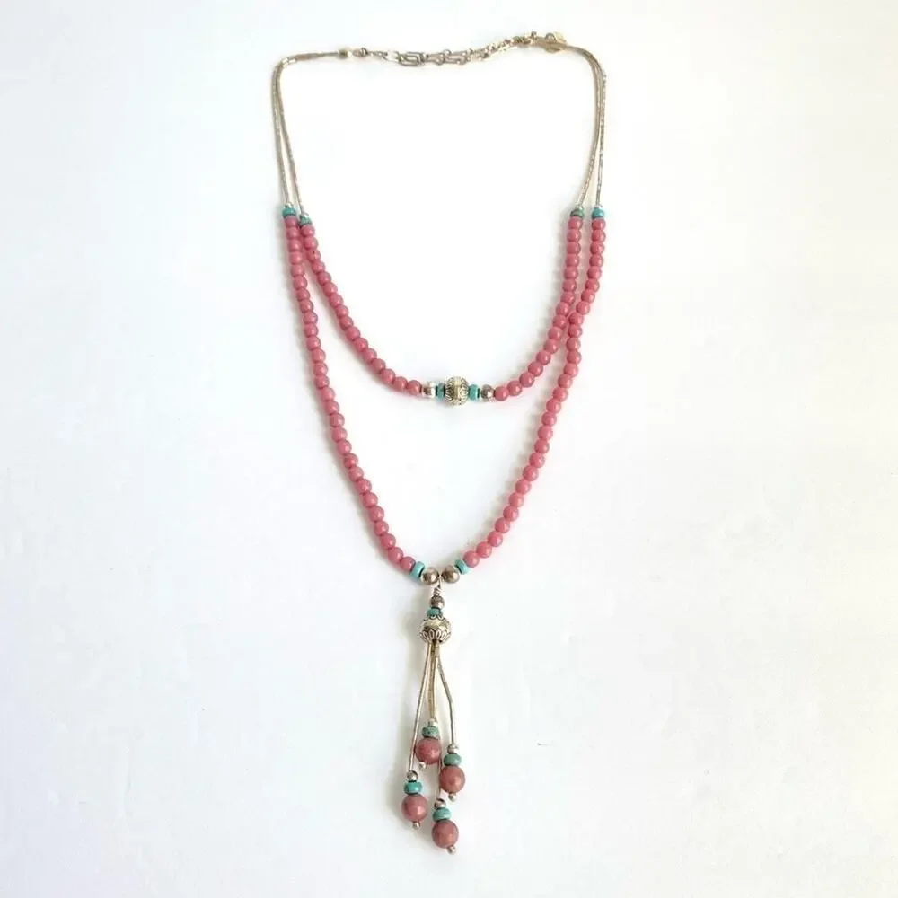 Carolyn Pollack‎ Pink Rhodonite Necklace Liquid Silver Turquoise Lariat QT Quoc